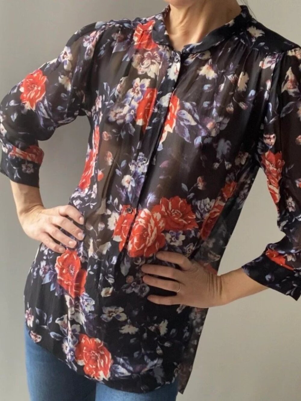 Wilfred Black Floral Silk Button Down Shirt-  3/4 length sleeves- Size S